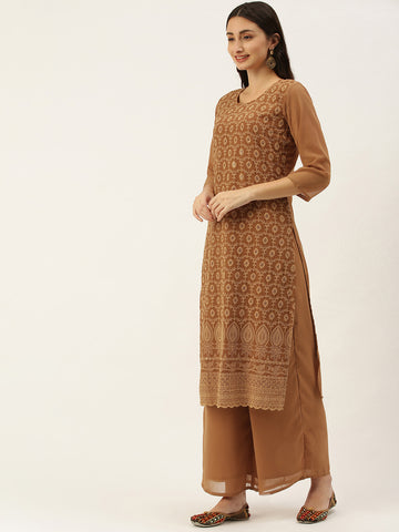 Brown embroidered Kurta with Palazzos