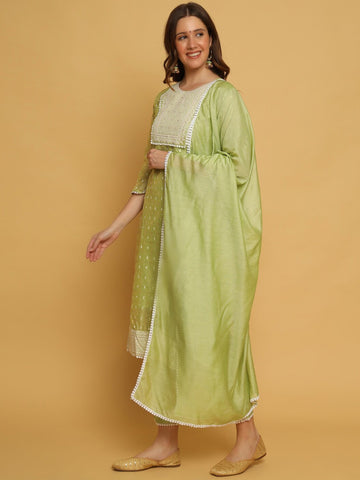 Green & white woven design Kurta with Trousers with dupatta