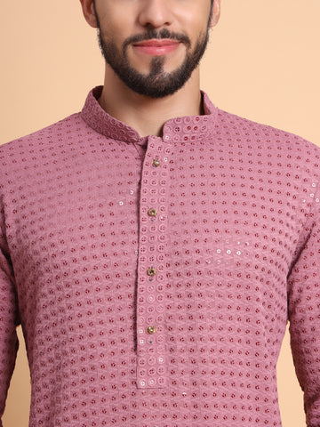 ROSE PINK EMBROIDERED SEQUENCE WORK MEN\'S KURTA
