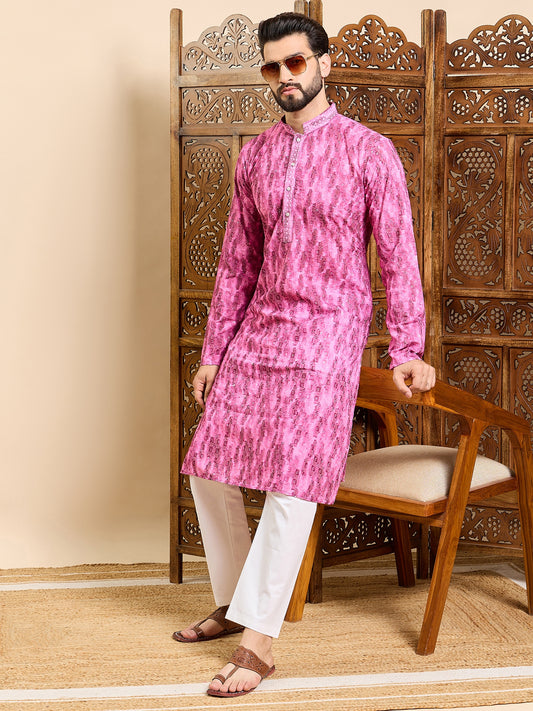 "SWAGG INDIA" Magenta Tie & Dye Printed & Embroidered Cotton Straight Kurta