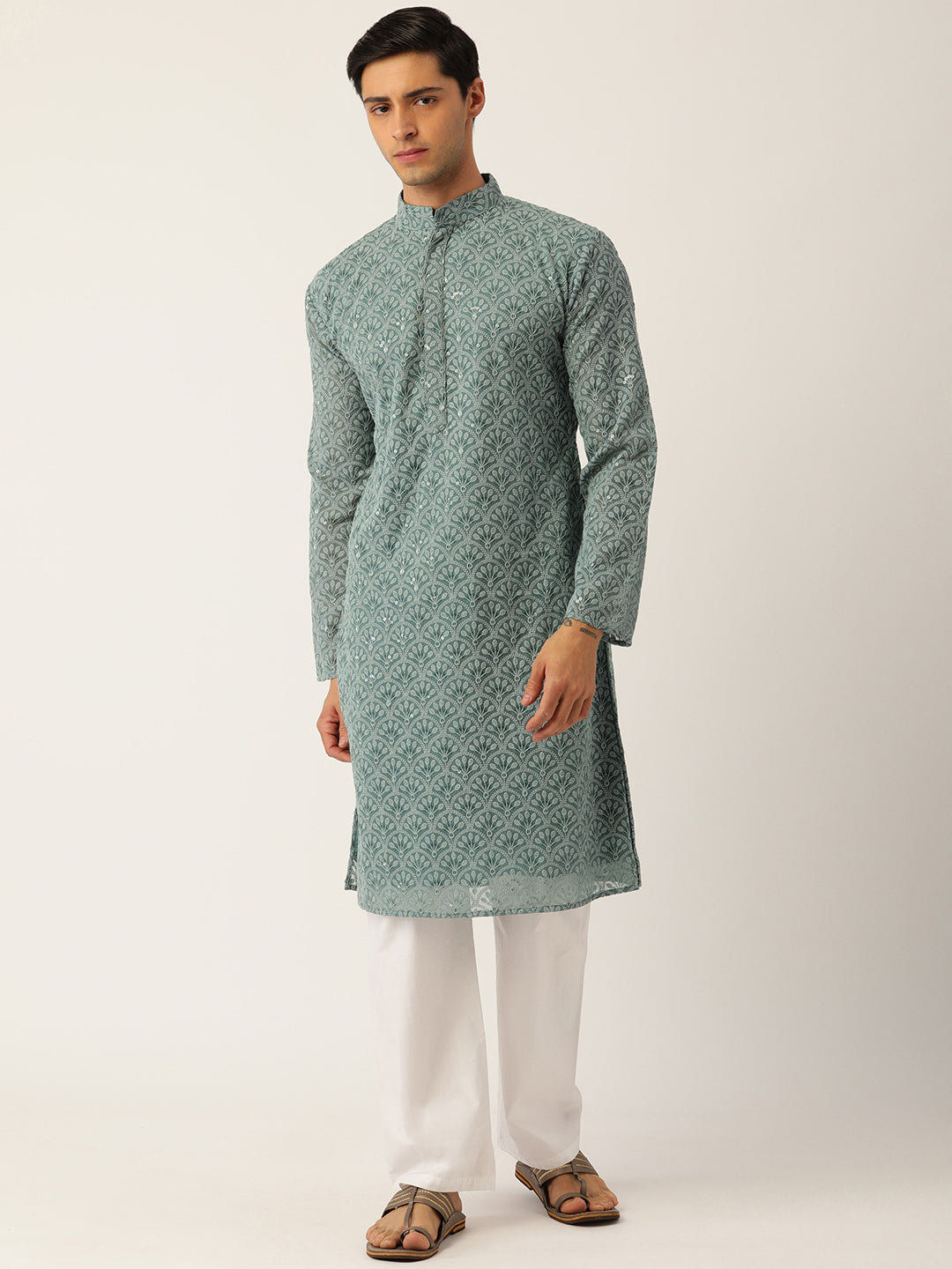 TURQUOISE BLUE GEORGETTE EMBROIDERED MEN\'S KURTA