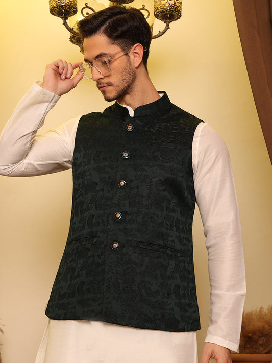 "SWAGG INDIA" Green Jacquard Woven Design Nehru Jacket