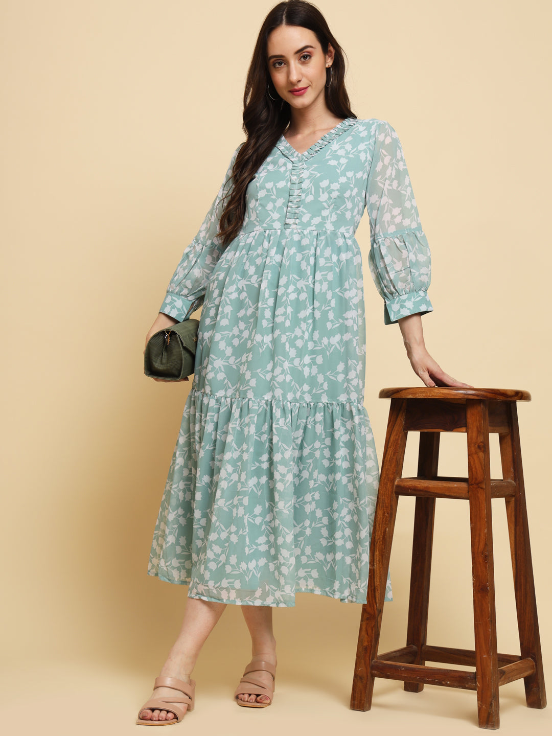 Sea Green Floral Printed Tiered Georgette A-Line Midi Dress
