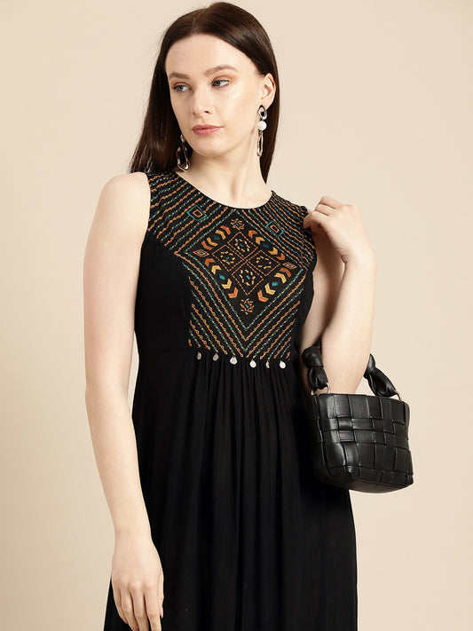 "SWAGG INDIA" Black & Orange Ethnic Motifs Embroidered A-Line Maxi Dress