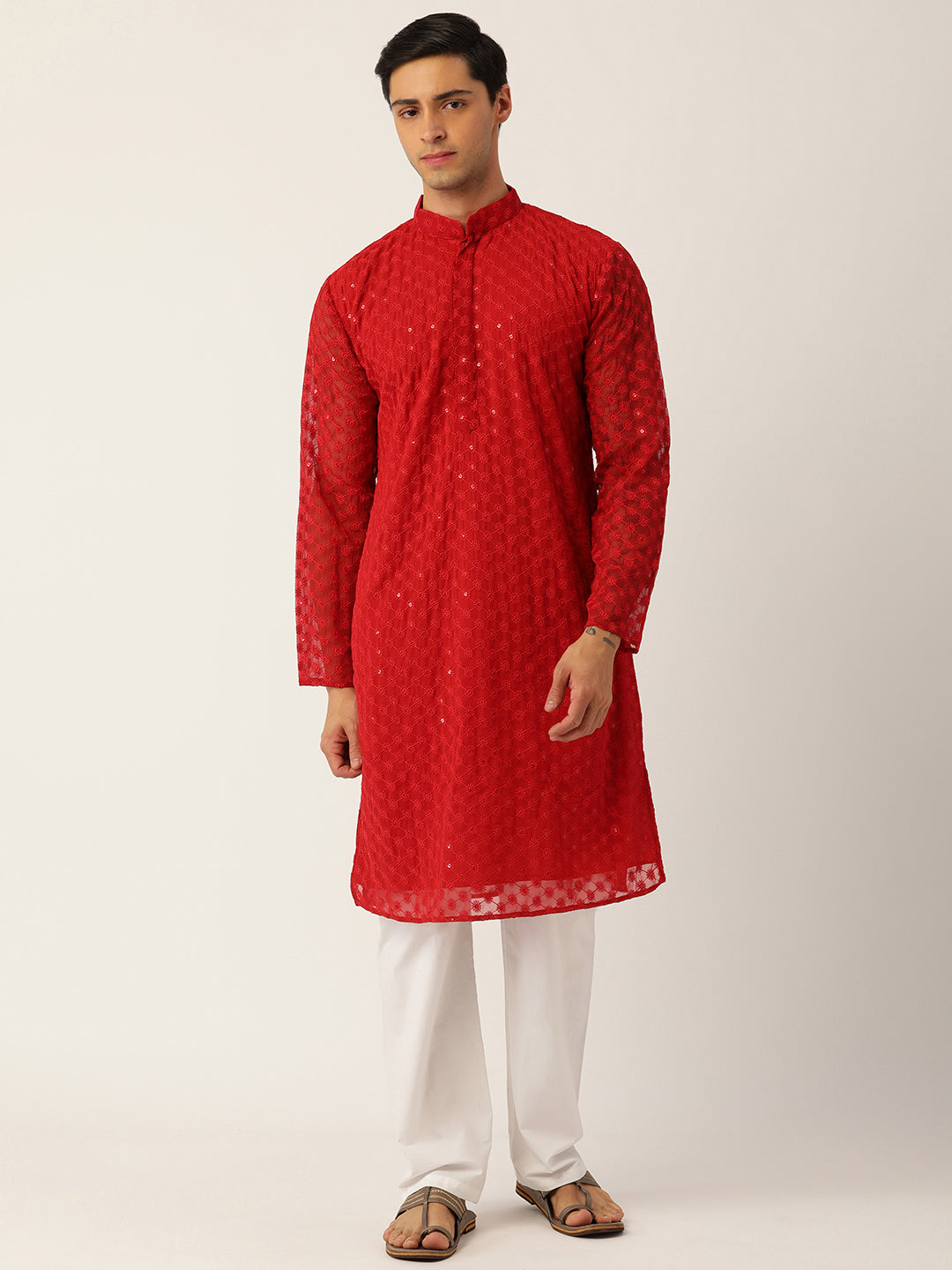 RED GEORGETTE EMBROIDERED MEN\'S KURTA