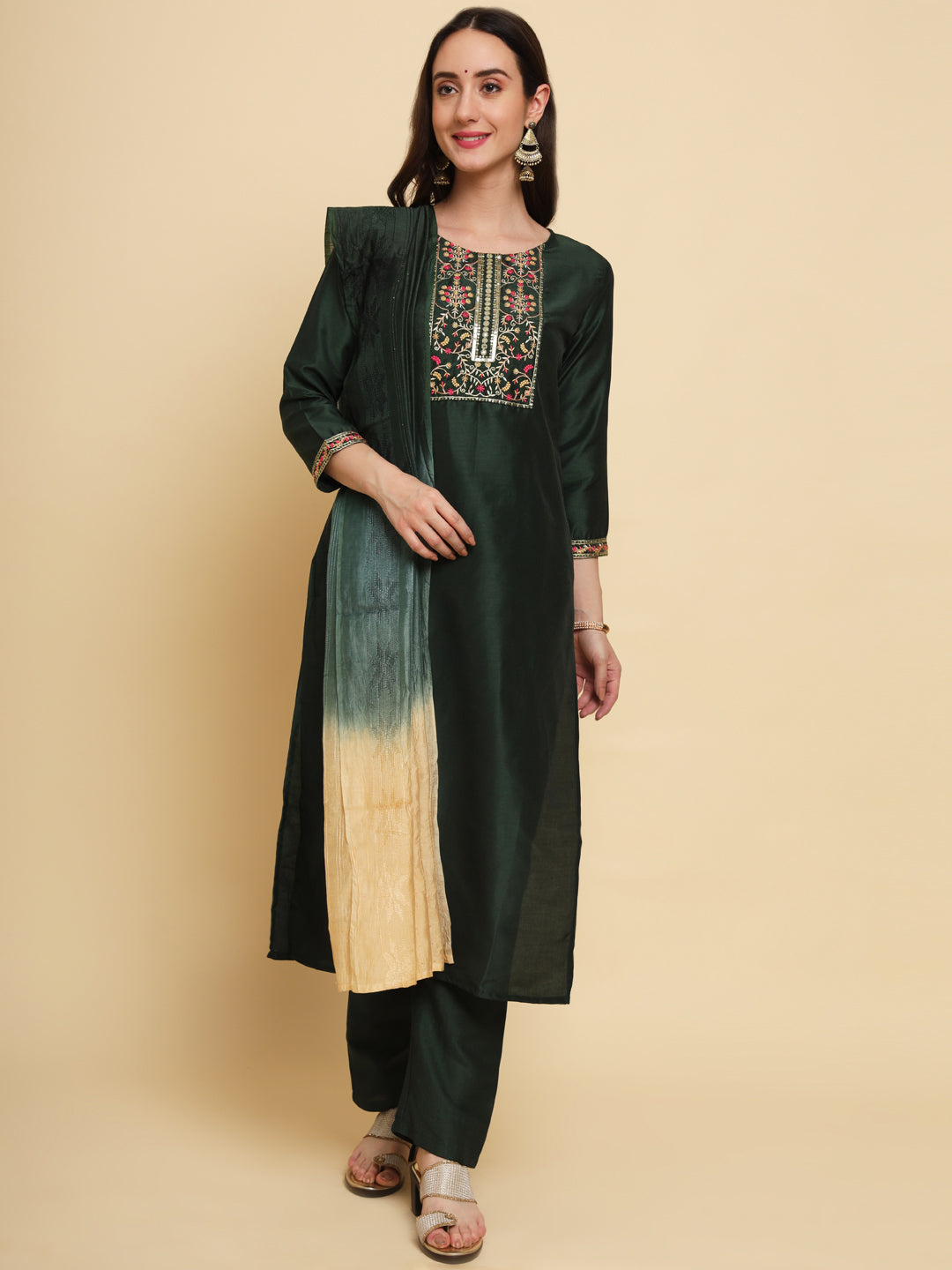 Green embroidered Kurta with Trousers with dupatta