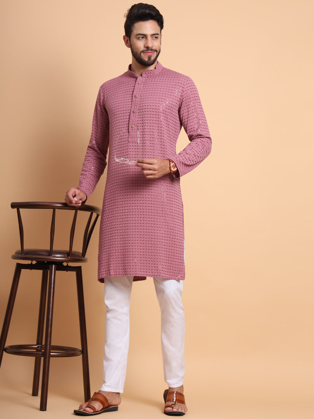 ROSE PINK EMBROIDERED SEQUENCE WORK MEN\'S KURTA