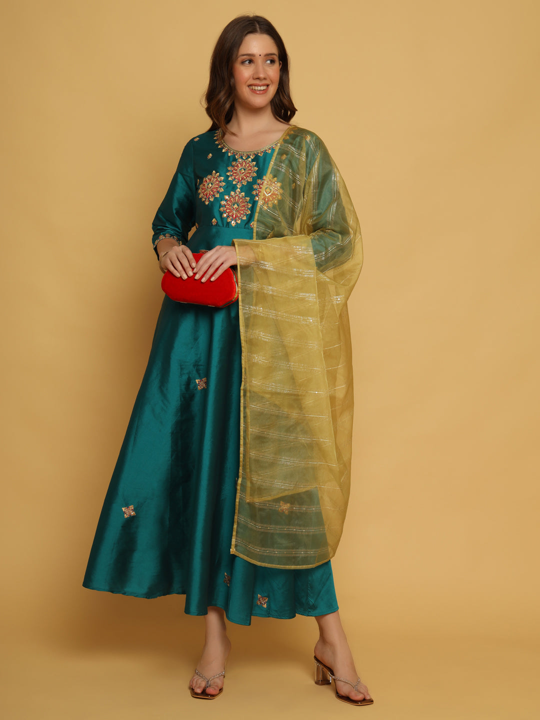 GREEN TAFETA SILK EMBROIDERED GOWN WITH DUAPTTA