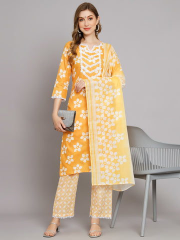 Yellow Cotton printed Kurta with Trousers with dupatta