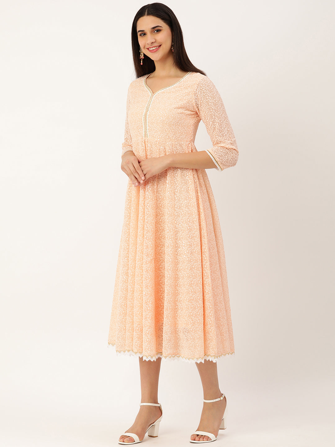 Peach-Coloured & White Chikankari Georgette Ethnic A-Line Midi Dress