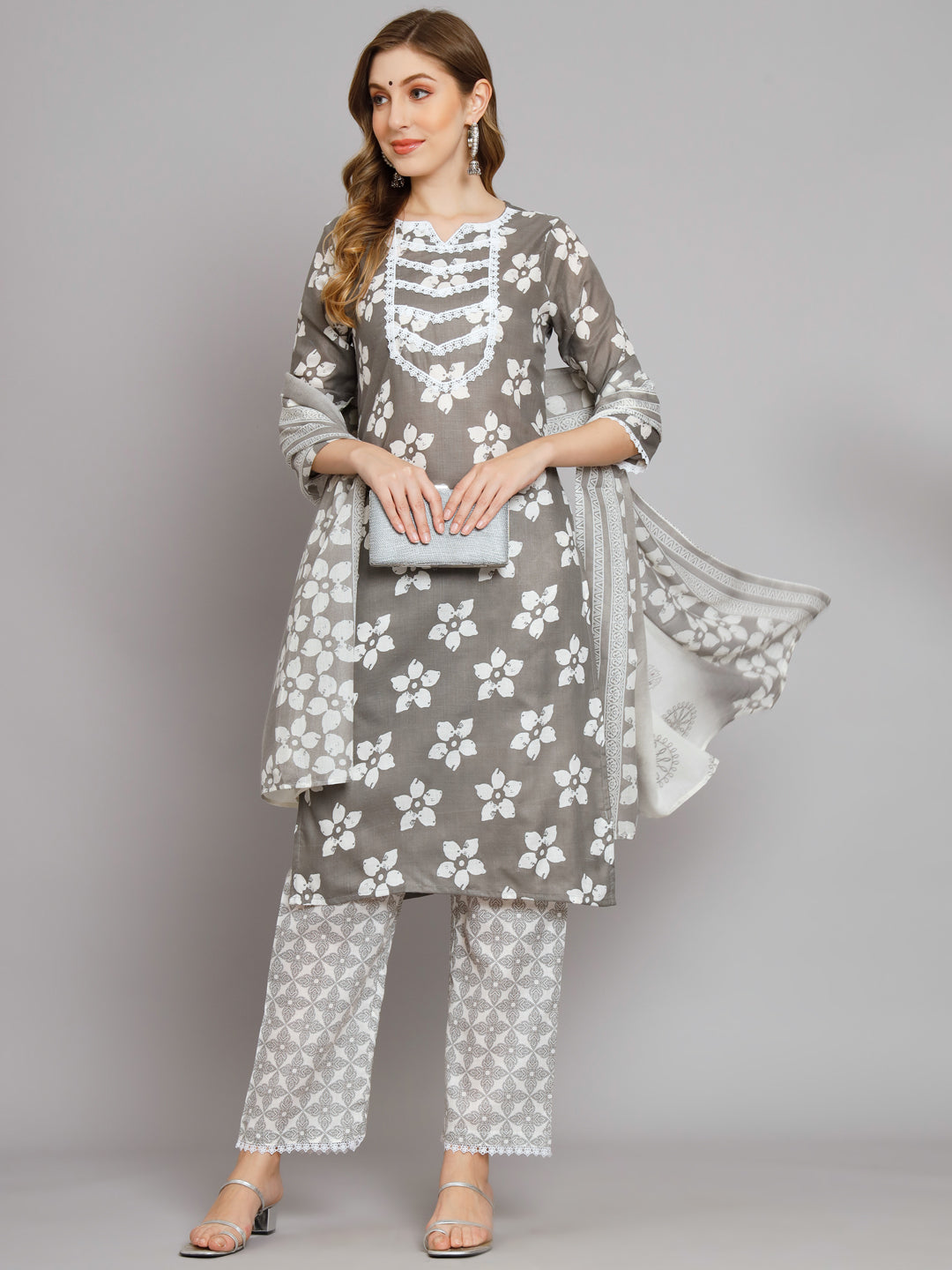 Grey printed Kurta with Trousers with dupatta