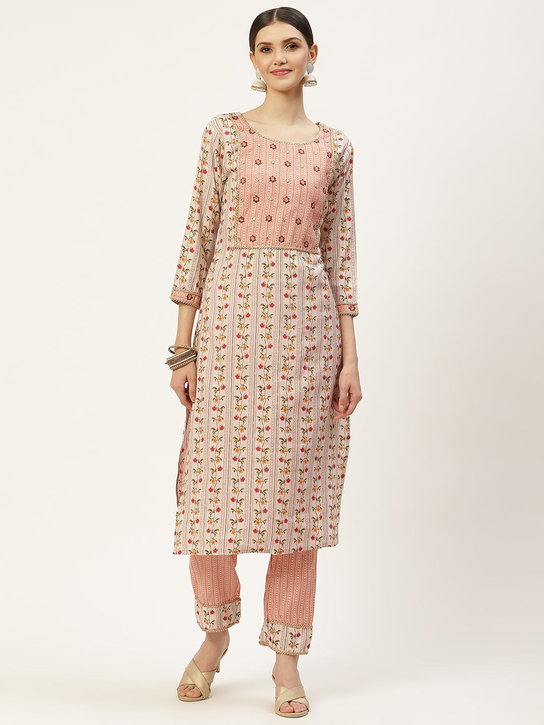 Pink embroidered Kurta with Trousers