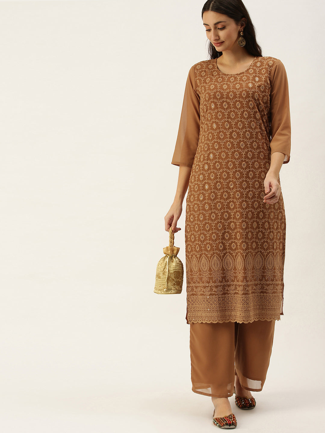 Brown embroidered Kurta with Palazzos