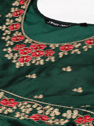 BOTTLE GREEN TAFETA EMBROIDERED WORK GOWN