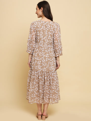 Brown Floral Printed Georgette A-Line Midi Dress
