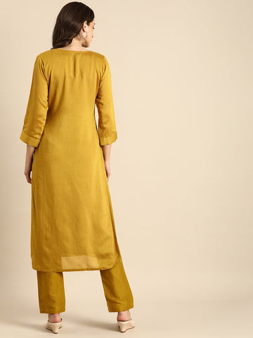 Mustard yellow and off-white embroidered Kurta with Trousers