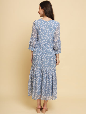 Grey Floral Printed Georgette A-Line Midi Dress