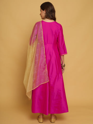 PINK TAFETA SILK EMBROIDERED GOWN WITH DUAPTTA