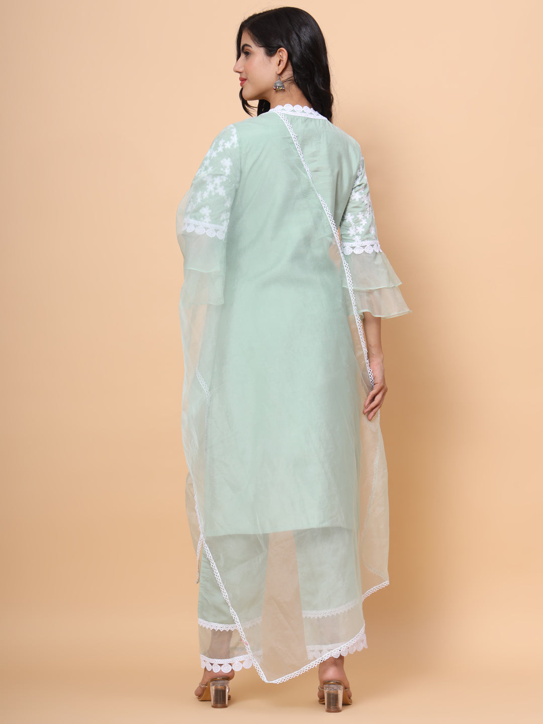 SEA GREEN FLORAL EMBOROIDERED KURTA WITH TROUSERS DUPATTA
