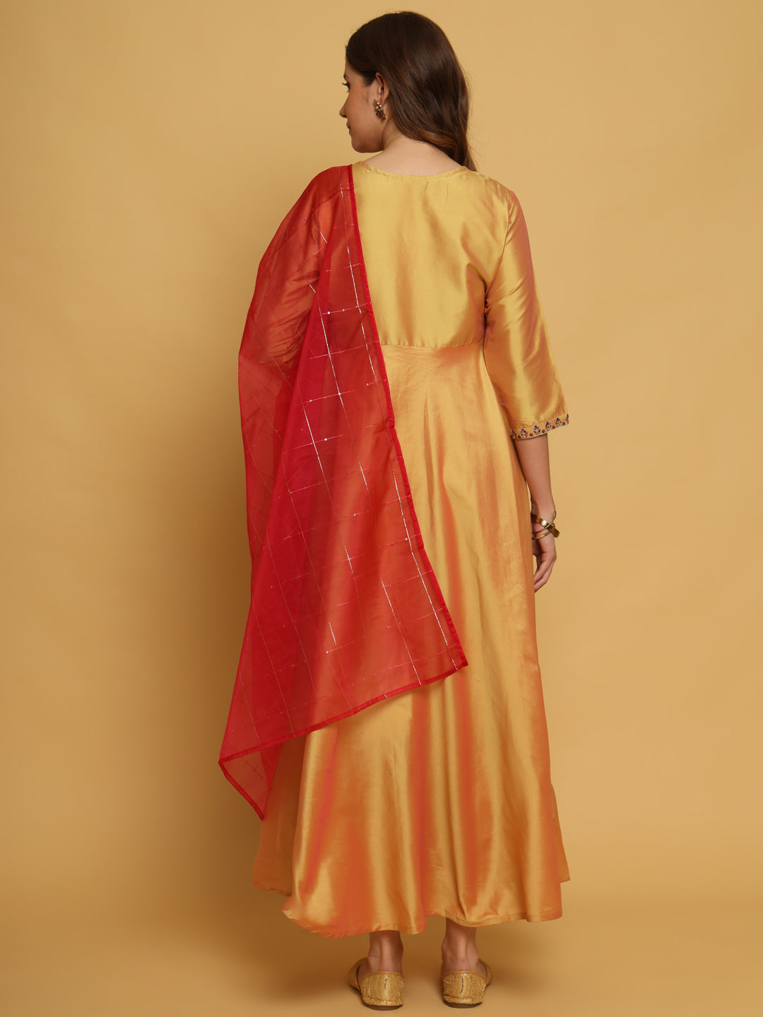 YELLOW TAFETA SILK EMBROIDERED GOWN WITH DUAPTTA