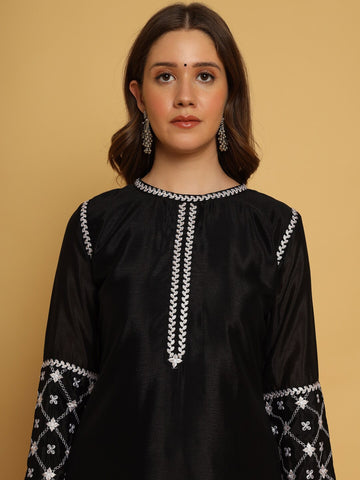 Black embroidered kurta with palazzos with dupatta