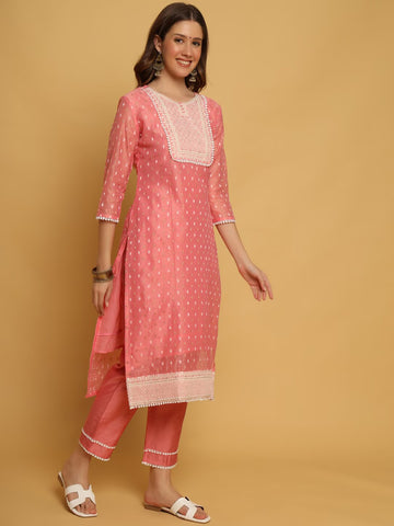 Peach embroidered Kurta with Trousers with dupatta