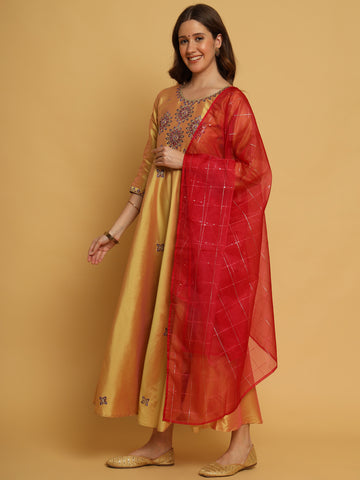 YELLOW TAFETA SILK EMBROIDERED GOWN WITH DUAPTTA