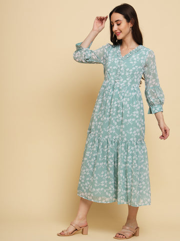 Sea Green Floral Printed Tiered Georgette A-Line Midi Dress