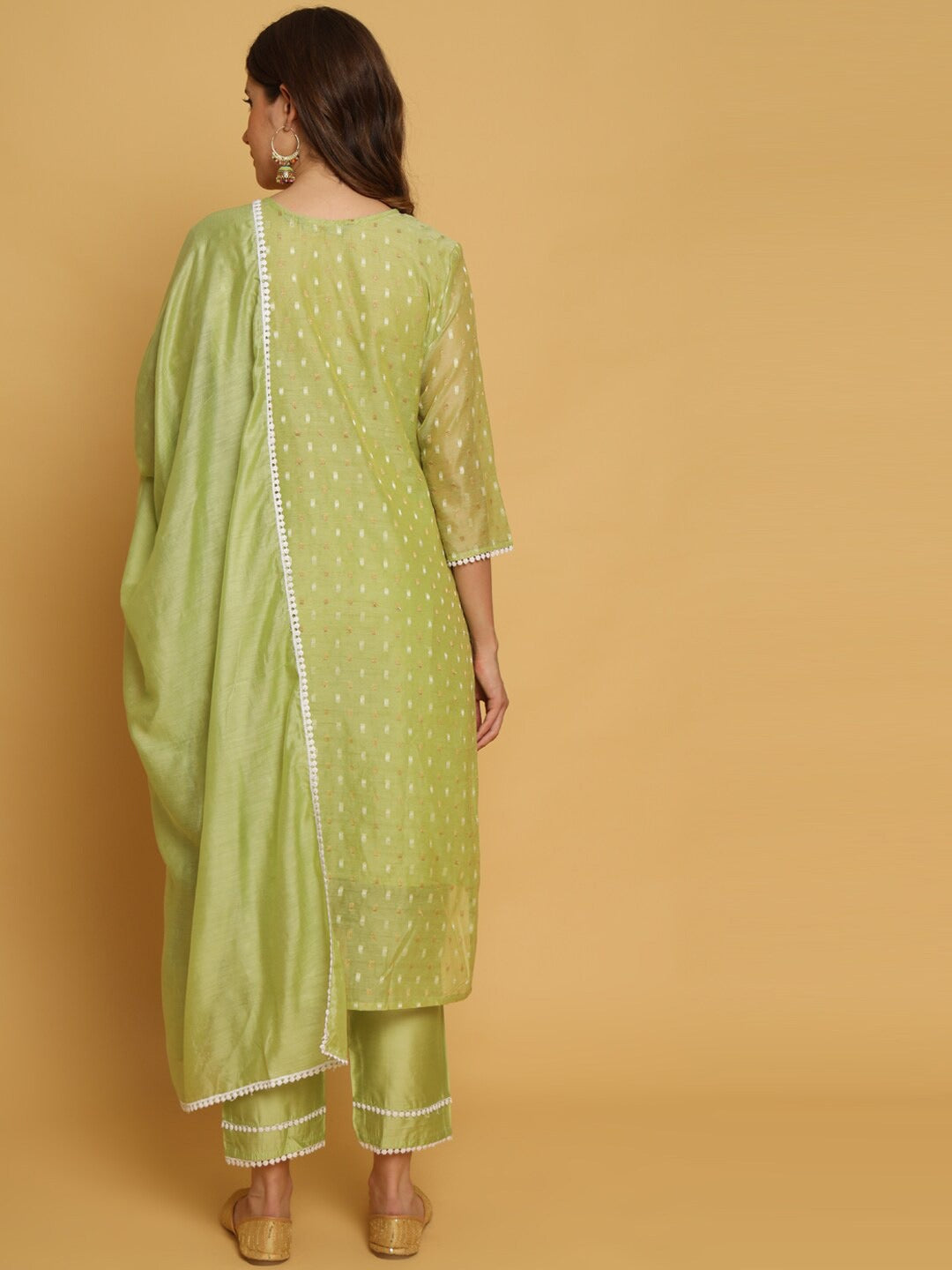 Green & white woven design Kurta with Trousers with dupatta