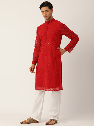 RED GEORGETTE EMBROIDERED MEN\'S KURTA