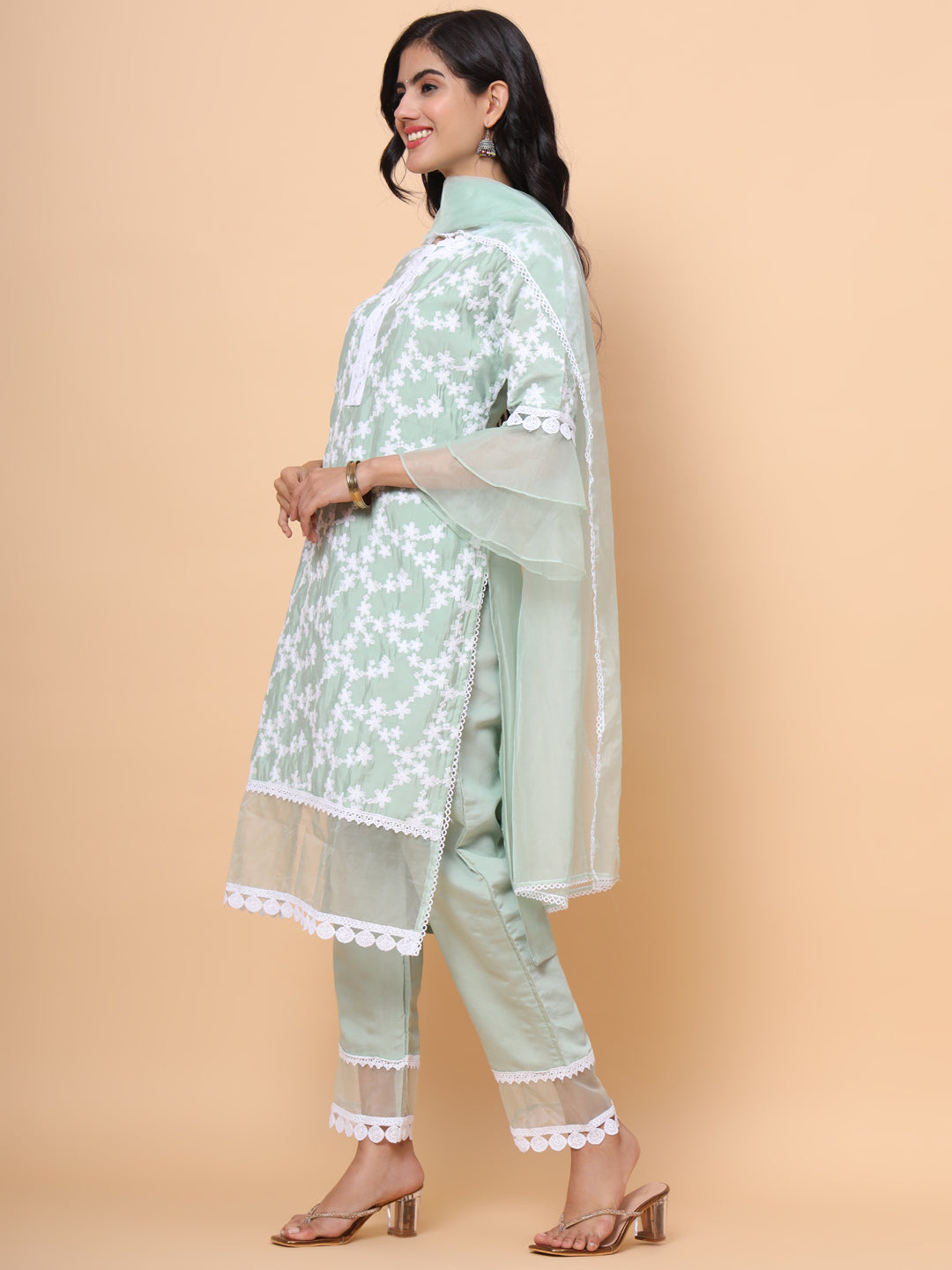 SEA GREEN FLORAL EMBOROIDERED KURTA WITH TROUSERS DUPATTA