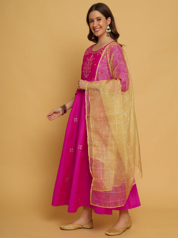 PINK TAFETA SILK EMBROIDERED GOWN WITH DUAPTTA