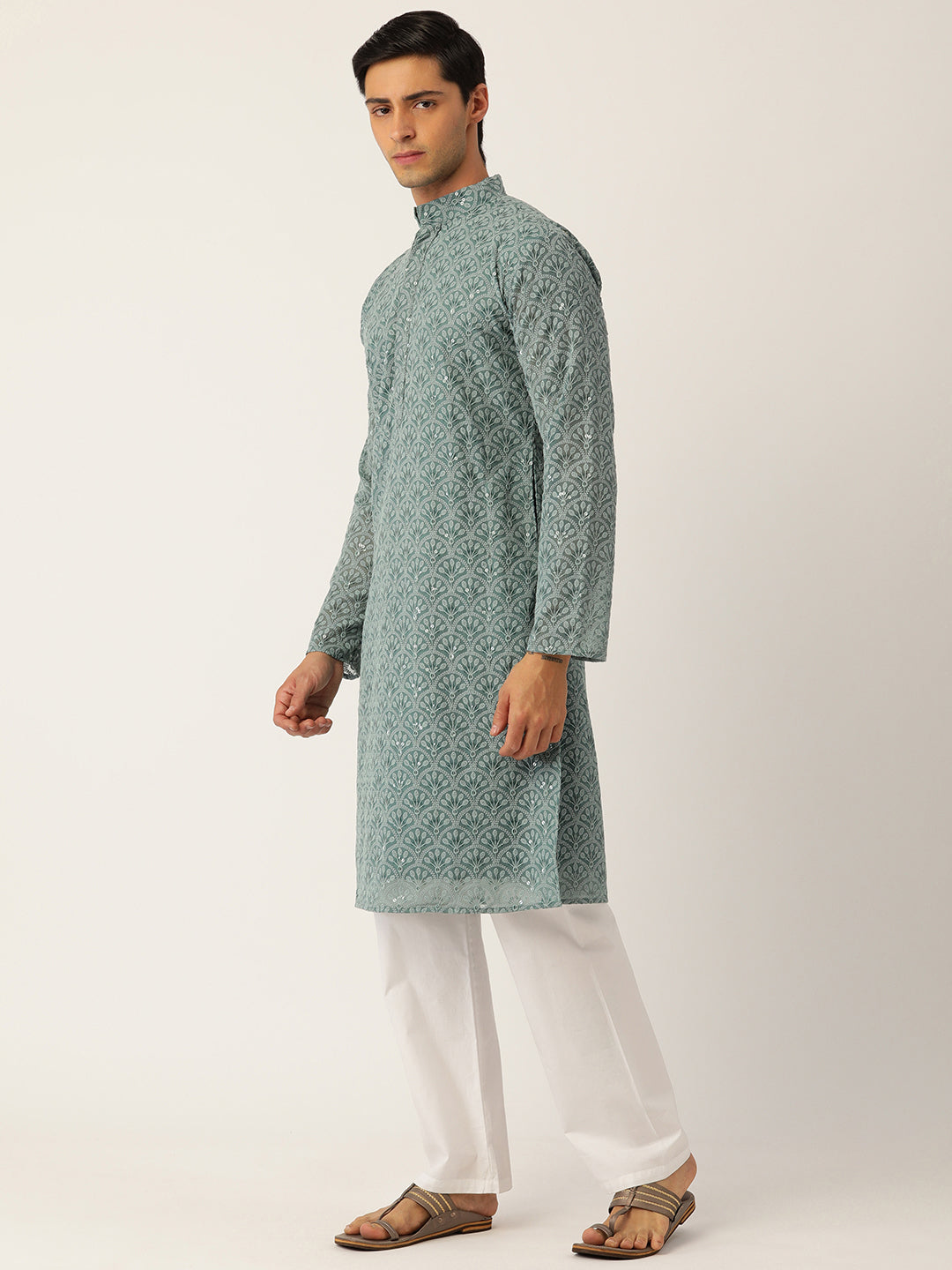 TURQUOISE BLUE GEORGETTE EMBROIDERED MEN\'S KURTA