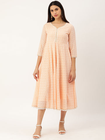Peach-Coloured & White Chikankari Georgette Ethnic A-Line Midi Dress