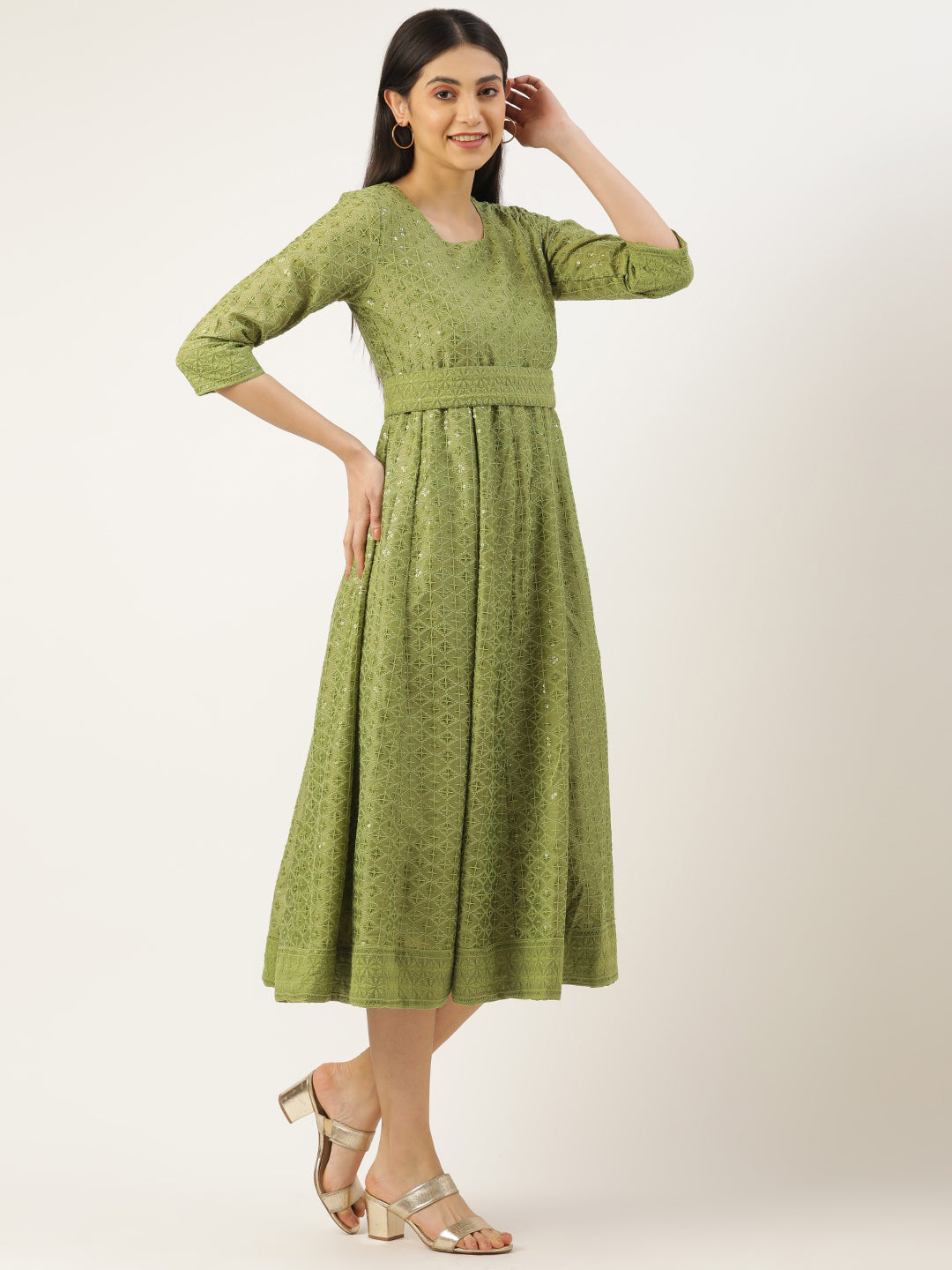 GREEN POLYESTER EMBROIDERED GOWN WITH BELT