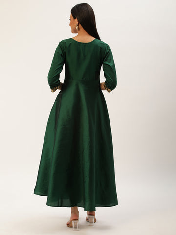 BOTTLE GREEN TAFETA EMBROIDERED WORK GOWN