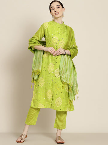 Women Green Sequinned Liva Kurta with Trousers & With Dupatta