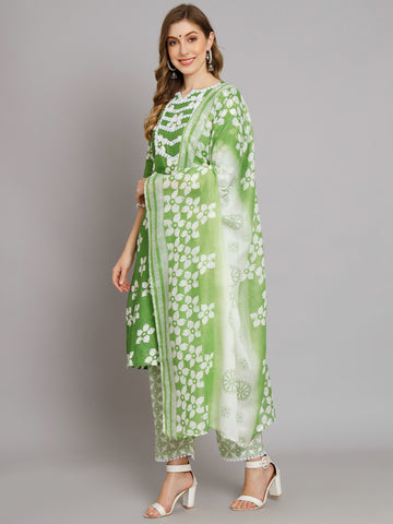 Green Cotton printed Kurta with Trousers with dupatta