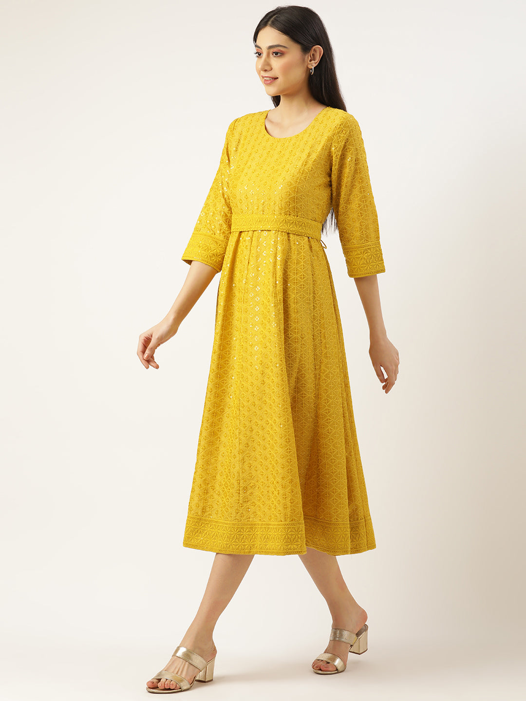 MUSTARD POLYESTER EMBROIDERED GOWN WITH BELT