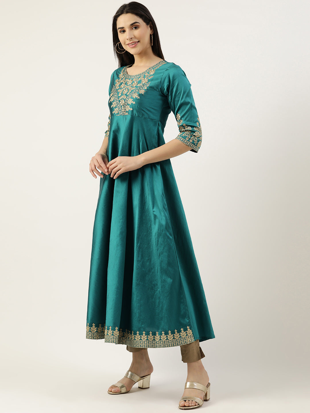 GREEN TAFETA EMBROIDERED WORK GOWN