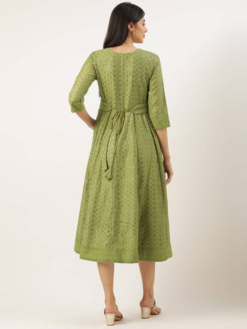 GREEN POLYESTER EMBROIDERED GOWN WITH BELT