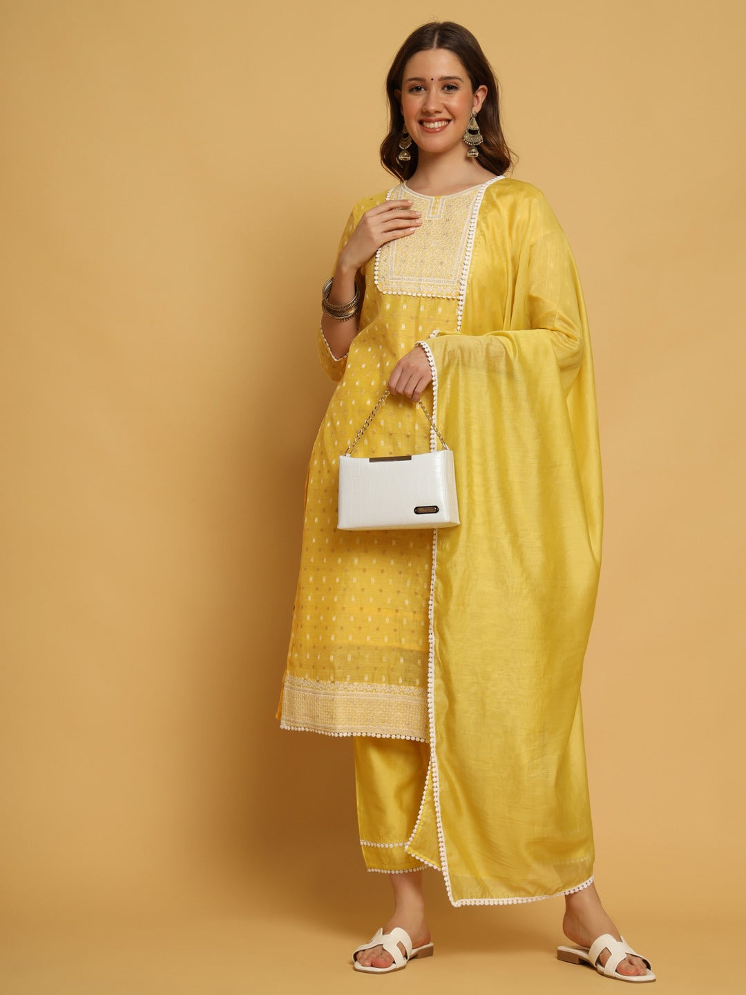 Yellow embroidered Kurta &Trousers with dupatta