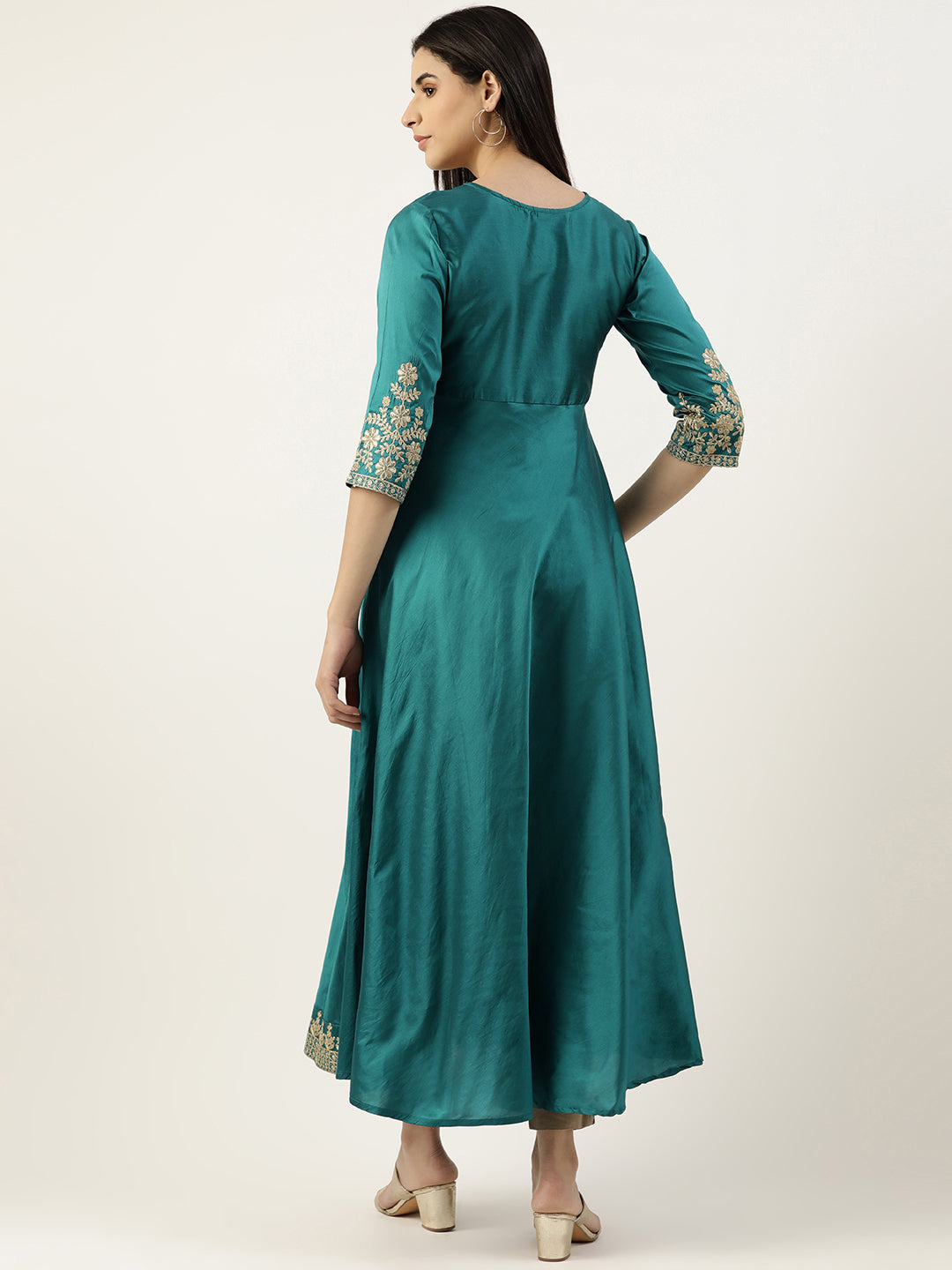 GREEN TAFETA EMBROIDERED WORK GOWN