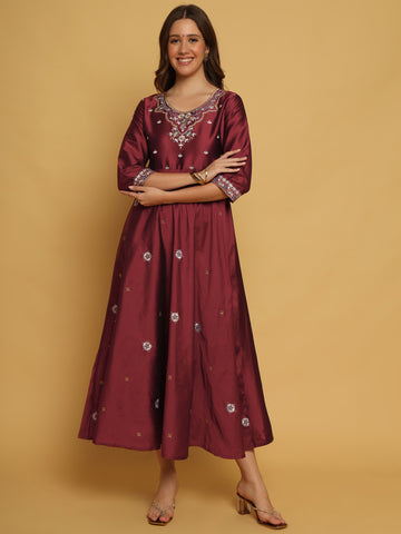 MAROON TAFETA SILK EMBROIDERED GOWN WITH DUAPTTA