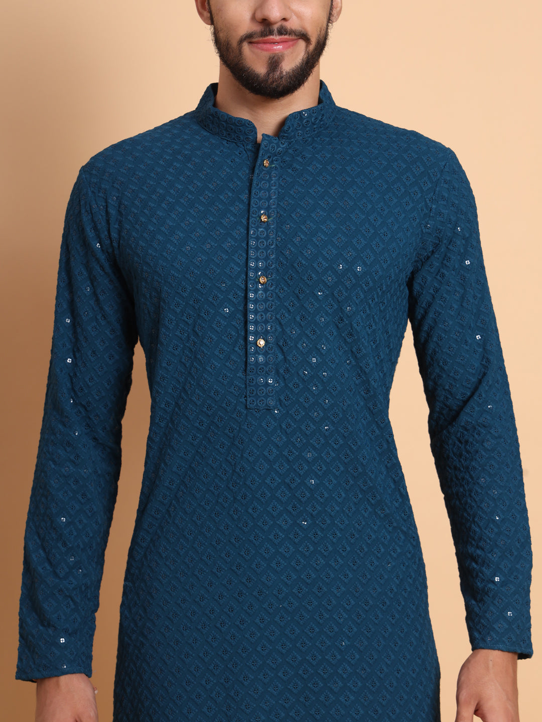 NEVY BLUE EMBROIDERED SEQUENCE WORK MEN\'S KURTA