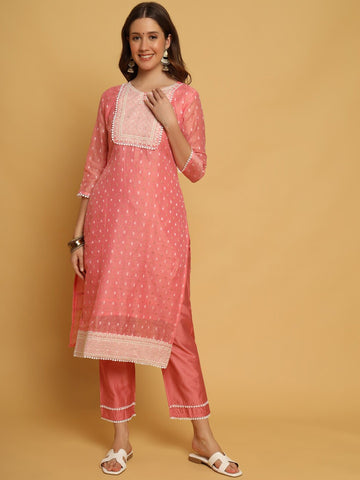 Peach embroidered Kurta with Trousers with dupatta
