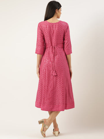 PINK POLYESTER EMBROIDERED GOWN WITH BELT
