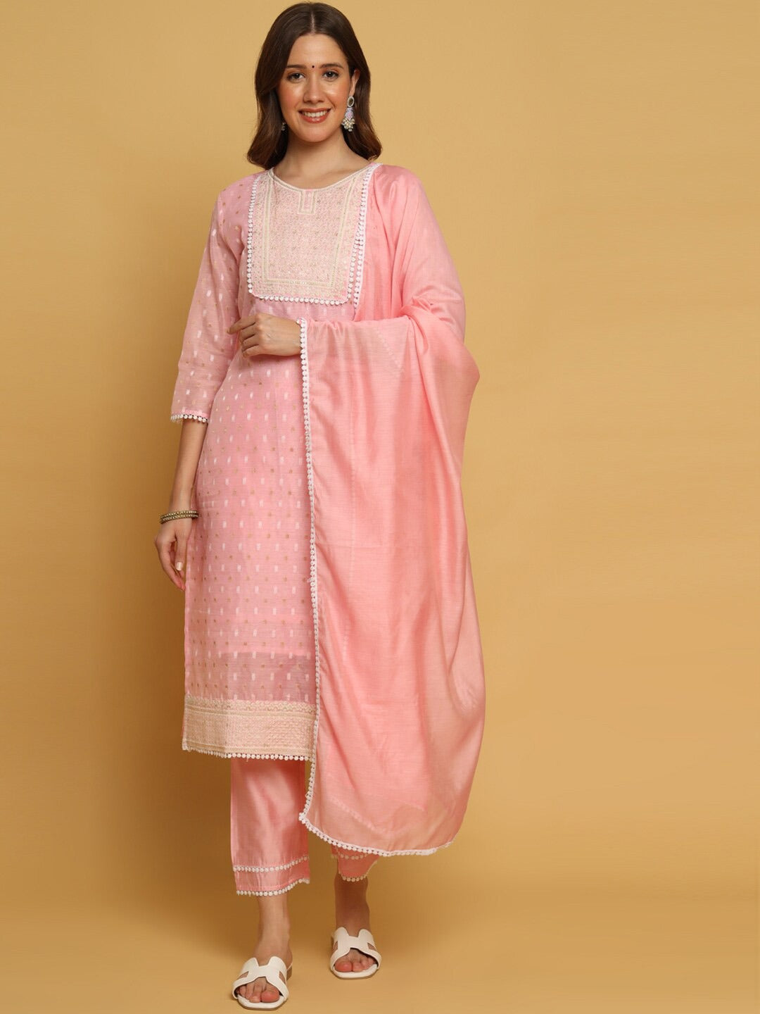 Pink Woven Design Chanderi Silk Kurta With Trousers & Dupatta
