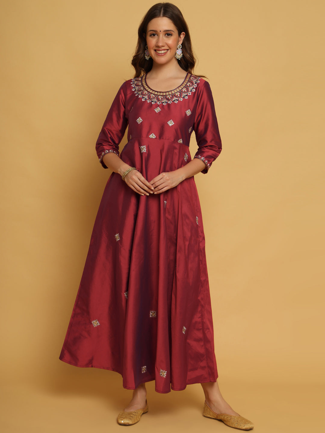 MAROON TAFETA SILK EMBROIDERED GOWN WITH DUAPTTA