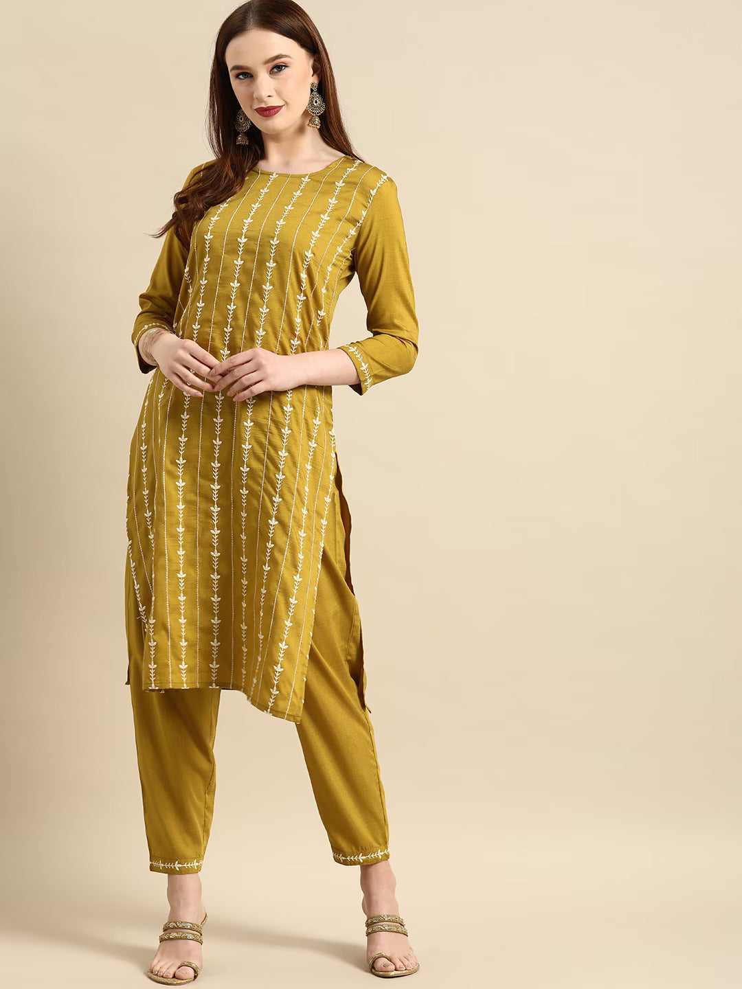 Mustard yellow embroidered Kurta with Trousers